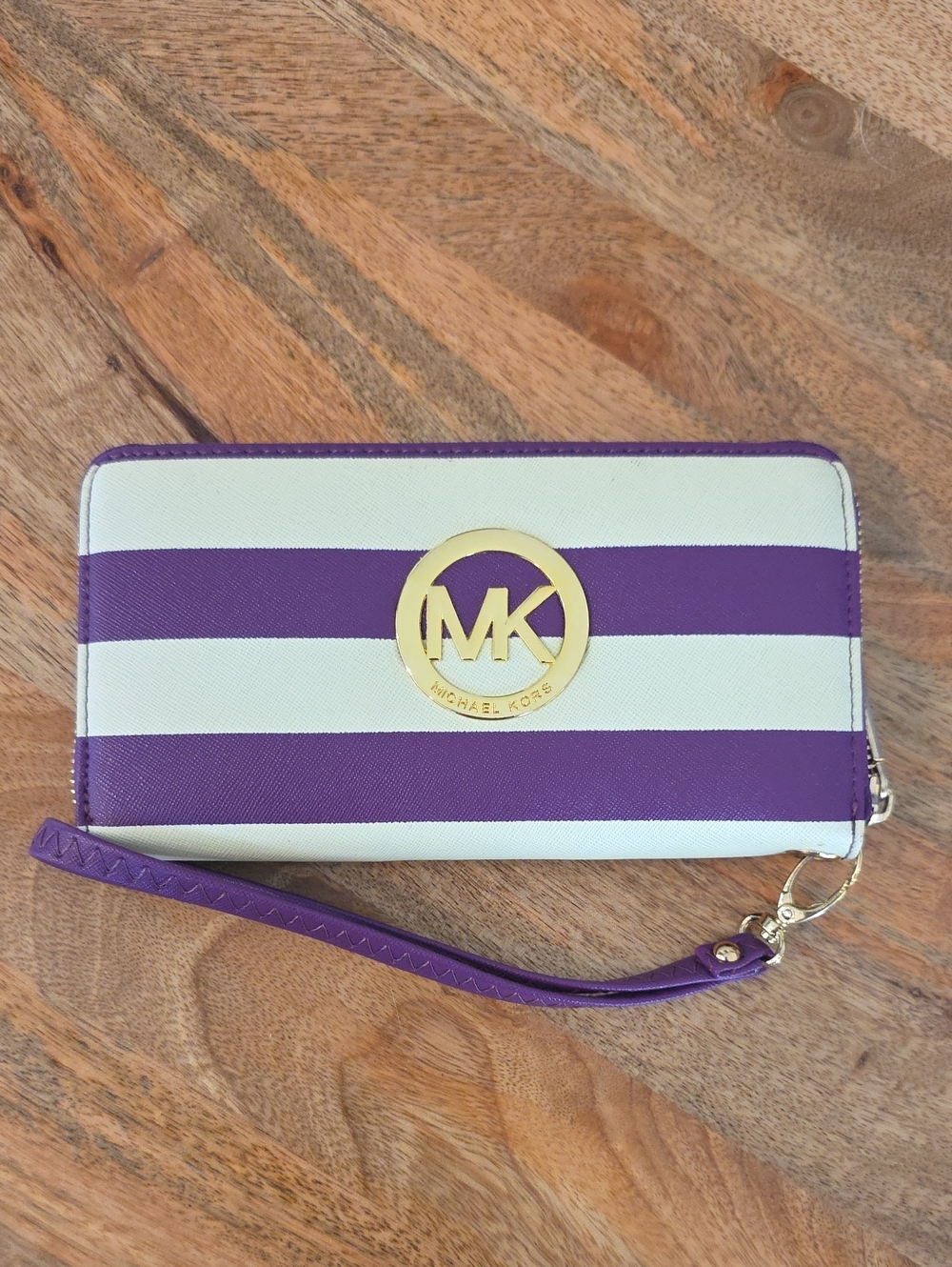 Michael Kors Purple and White Striped Wristlet Wallet with Gold MK Emblem